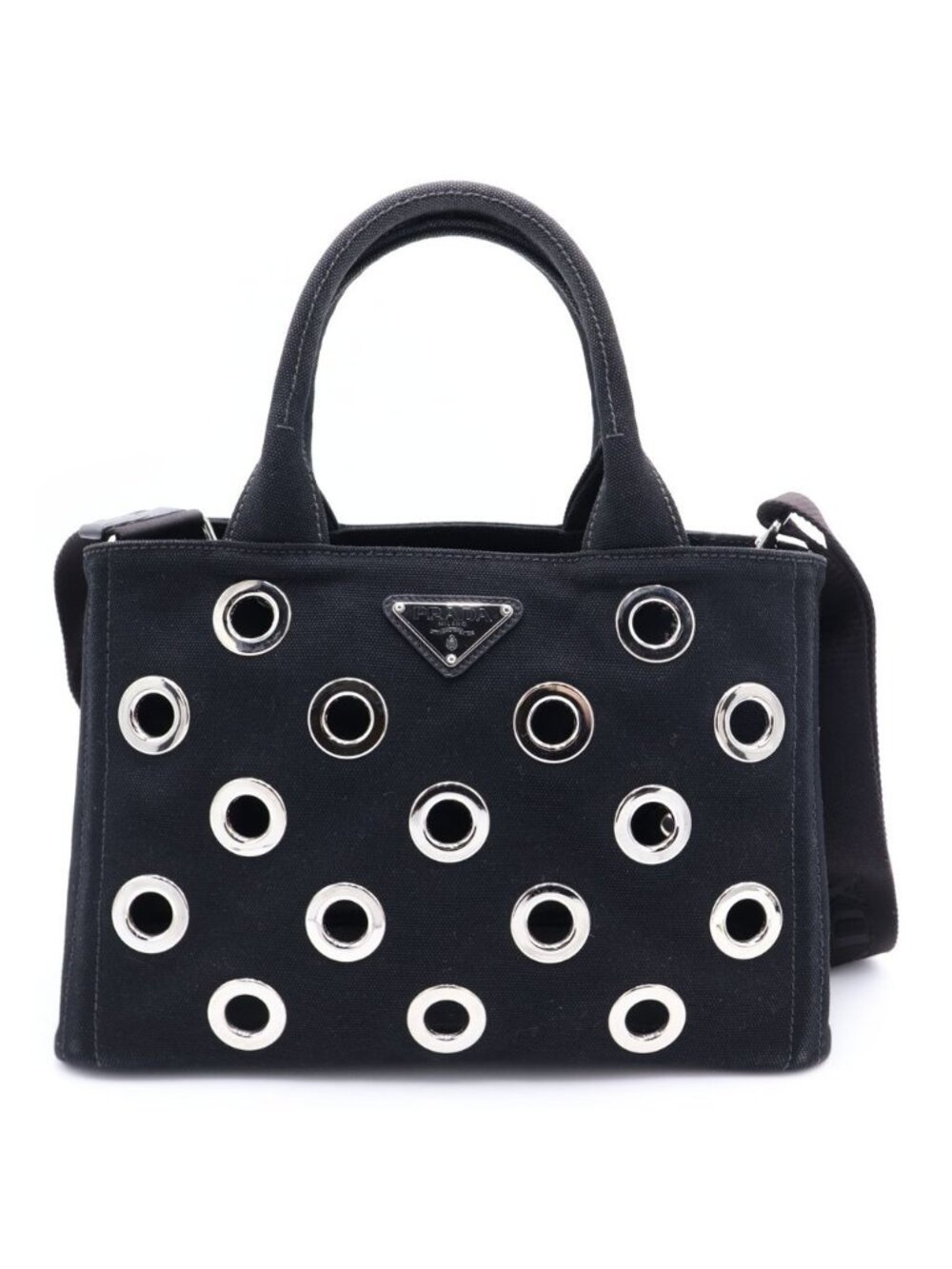 Prada Canapa Perforated 2-Way Shoulder Bag Black Canvas Silver